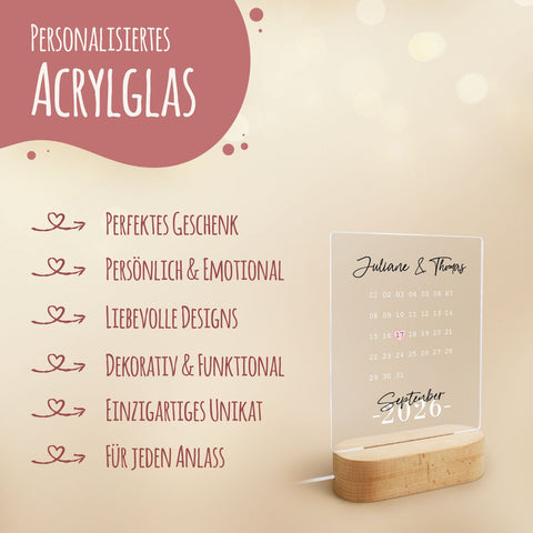 Plexiglas lumineux - Calendrier - Cadeau personnalisé avec nom et date