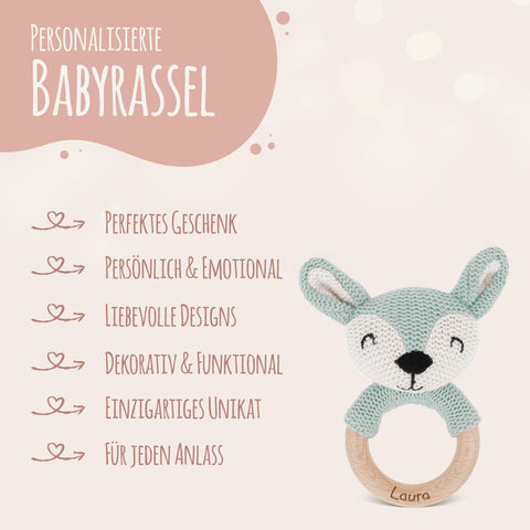 Grawerowany drewniany gryzak z pluszową zabawką Jollein - głowa zwierzęcia
