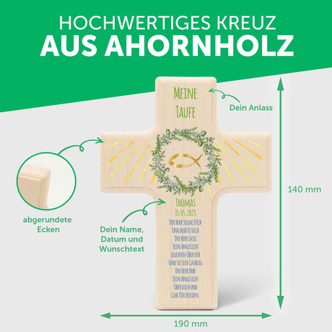 Personalizowany drewniany krzyż na chrzest, bierzmowanie i komunię - wzór wianek