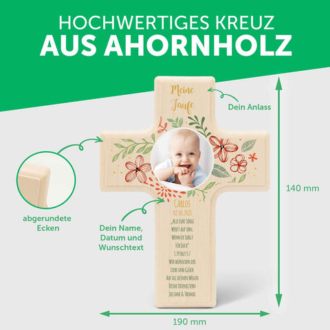 Personalizowany drewniany krzyż na chrzest, bierzmowanie lub komunię - Z własnym zdjęciem - Wianek z kwiatów