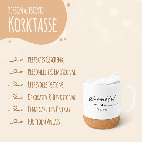 Kubek z nadrukiem z korkową podstawką i pokrywką - Tekst własny V1