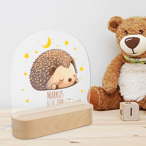Veilleuse LED pour enfants avec socle en bois, design hérisson