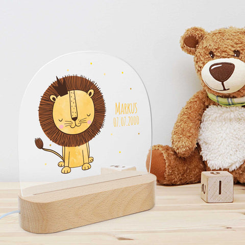Veilleuse LED pour enfants avec socle en bois, motif lion