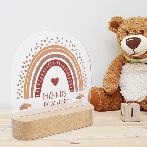 Veilleuse LED enfant avec socle en bois au design arc-en-ciel