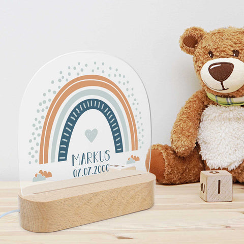Veilleuse LED enfant avec socle en bois au design arc-en-ciel