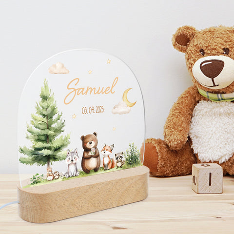 Veilleuse LED enfant avec socle en bois - "Amis de la forêt"