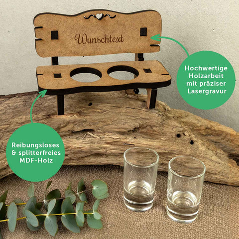 Banc à schnaps gravé avec texte personnalisé + 2 verres à schnaps