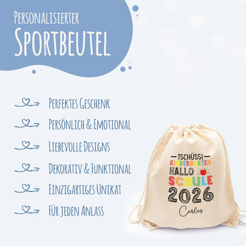 Turnbeutel für Kinder - Tschüss Kindergarten Hallo Schule - zur Einschulung