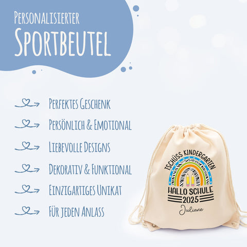 Turnbeutel für Kinder - Tschüss Kindergarten Regenbogen - zur Einschulung