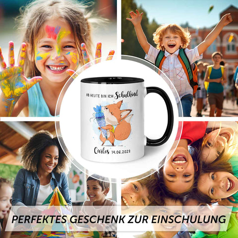 Bedruckte Tasse mit Spruch "Schulkind" - personalisiert mit Name und Datum