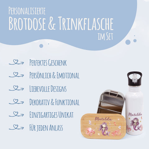 Bedruckte Brotdose & Trinkflasche im Set - Meerjungfrau