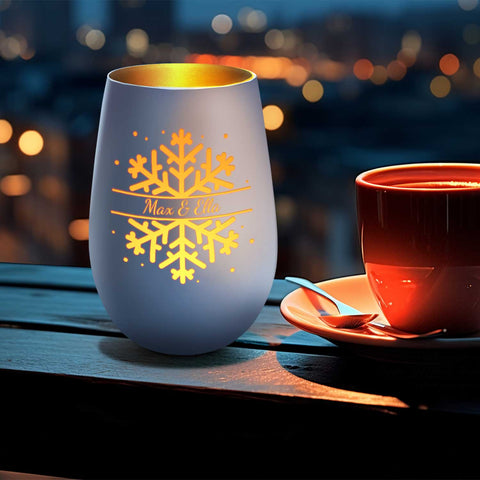 Deko Windlicht aus Glas mit Gravur - Schneeflocke - Personalisiert mit Namen - Geschenk zu Weihnacht