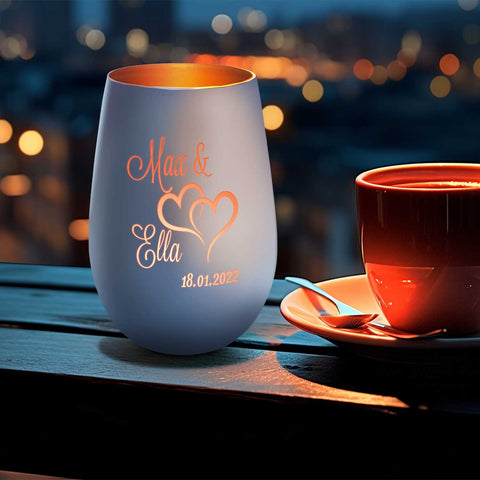 Deko Windlicht aus Glas mit Gravur - Die große Liebe - Personalisiert mit Name und Datum