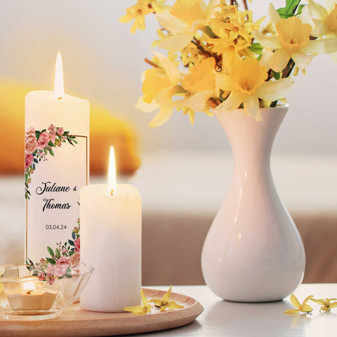 Grande bougie "Floral Golden" - Bougie de mariage avec prénoms, date et texte personnalisé