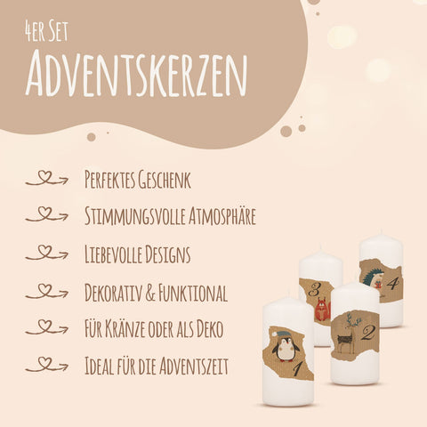 Małe świeczki adwentowe - Zwierzęta Vintage - Świece adwentowe zestaw 4 szt.