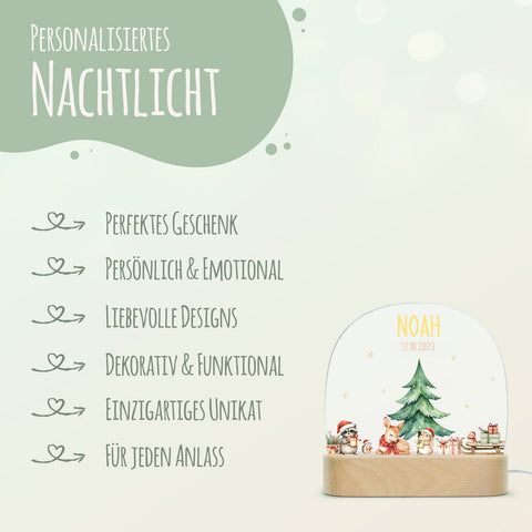 Dziecięca lampka nocna LED z drewnianą podstawką - „Zwierzęta w prezencie”