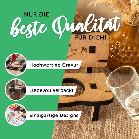 Gravierte Schnapsbank im Hochzeiten Design mit Namen & Datum + 2 Schnaps
