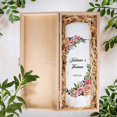 Grande bougie "Floral Golden" - Bougie de mariage avec prénoms, date et texte personnalisé