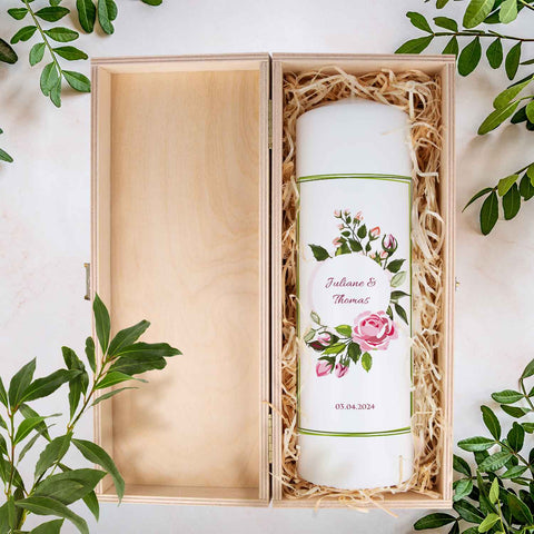 Grande bougie « Green Flower » – Bougie de mariage avec prénoms, date et texte personnalisé