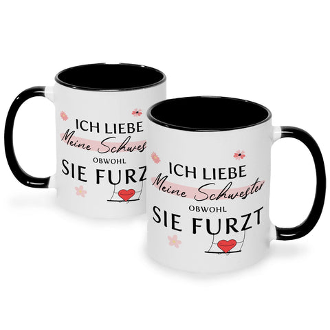 Bedruckte Tasse mit Spruch Ich liebe meine Schwester obwohl sie furzt