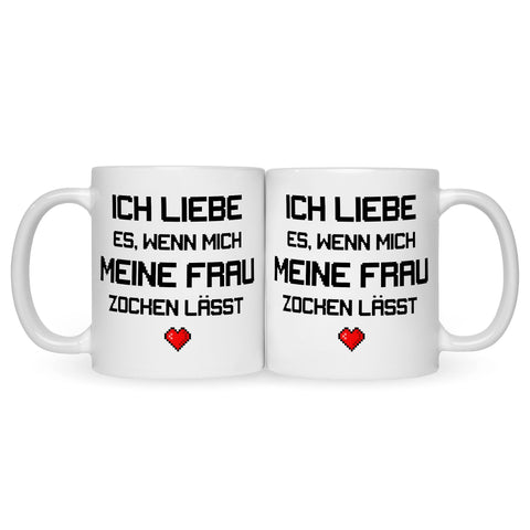 Bedruckte Tasse mit Spruch Ich liebe es wenn mich meine Frau zocken lässt
