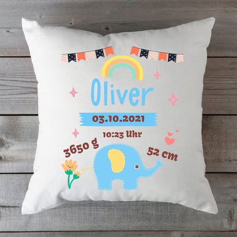 Bedrucktes Kissen mit Babydaten und Elefant