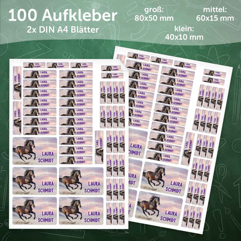 Schuletiketten mit Namen - Pferd Design - 100 Aufkleber in verschiedenen Größen