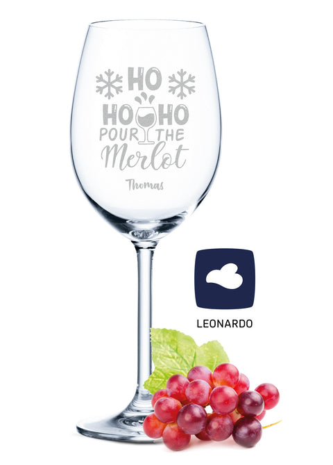Leonardo Weinglas mit Gravur im "Pour the Merlot" Design inkl. Holzkiste