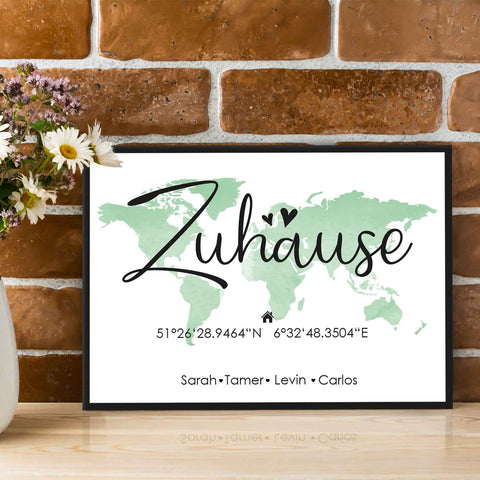 Holzschild Motiv Zuhause mit Namen & Koordinaten