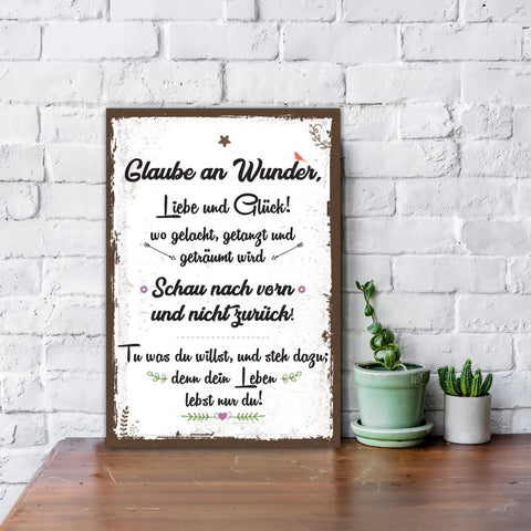 Holzschild Glaube an Wunder, Liebe & Glück