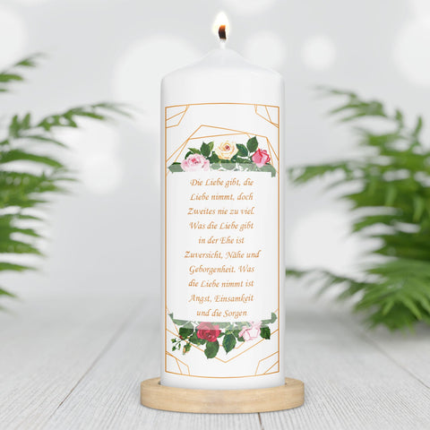 Große Kerze "Rosen" - Hochzeitskerze mit Namen, Datum & Wunschtext