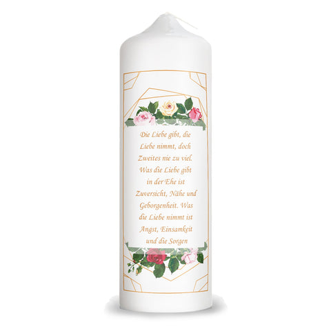 Große Kerze "Rosen" - Hochzeitskerze mit Namen, Datum & Wunschtext