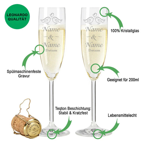 Leonardo Sektgläser mit Gravur "Kissing Birds" als Set + Holzkiste