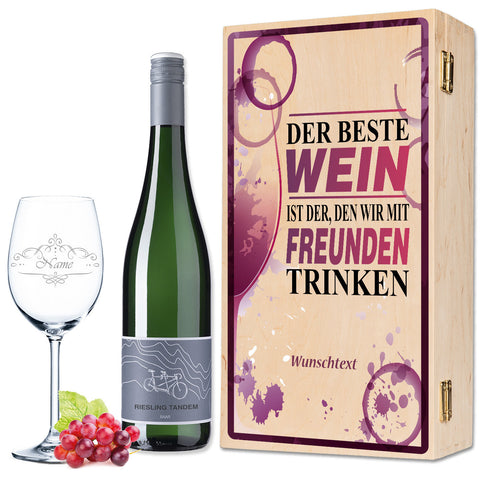 Leonardo Weinglas "Der beste Wein nur mit Freunden 2.0" inkl. bedruckter Holzkiste + Riesling Tandem