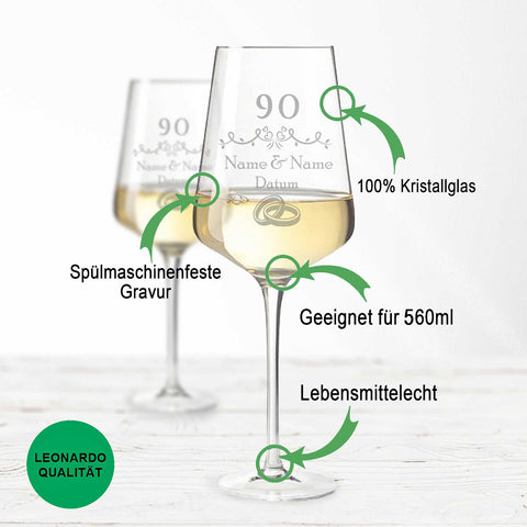 Leonardo Weingläser zur 90 Jahre Marmorne Hochzeit mit Namen & Datum im Set