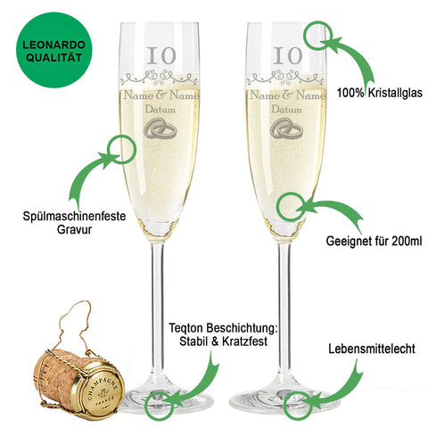 Leonardo Sektgläser mit Gravur "Rosenhochzeit - 10 Jahre"
