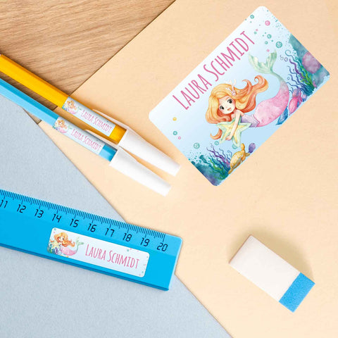 Schuletiketten mit Namen - Meerjungfrau V2 Design - 100 Aufkleber in verschiedenen Größen