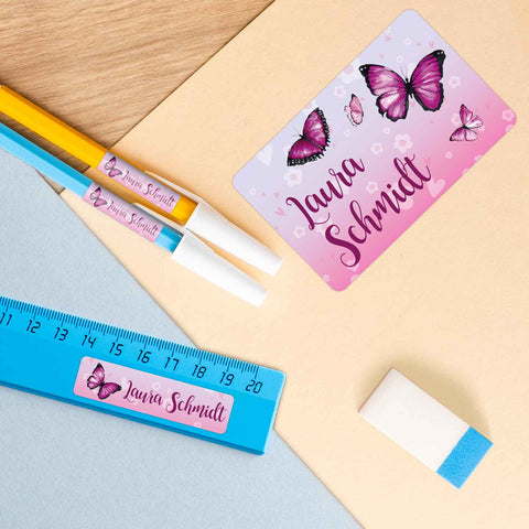 Schuletiketten mit Namen - Schmetterling Design - 100 Aufkleber in verschiedenen Größen