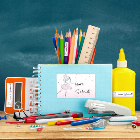 Schuletiketten mit Namen - Ballerina Design - 100 Aufkleber in verschiedenen Größen