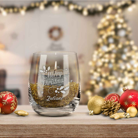 Teelicht mit Gravur - Weihnachtsdeko - Merry Christmas Swirls - Personalisiert mit Name