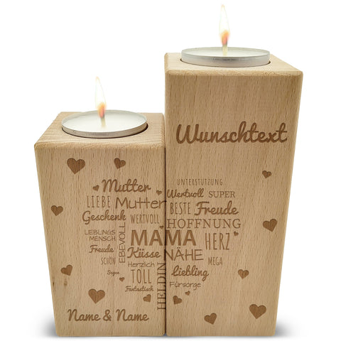 Gravierter Teelichthalter aus Holz im Set mit Namensherz Mama Design