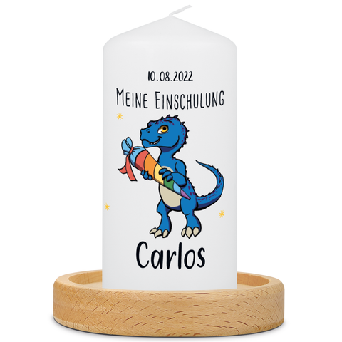 Petite bougie "Dino" personnalisée avec prénom et date pour la rentrée scolaire