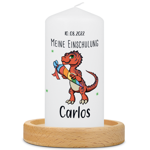 Petite bougie "Dino" personnalisée avec prénom et date pour la rentrée scolaire