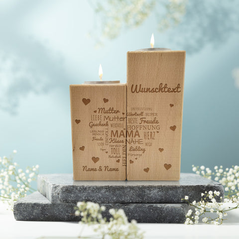 Gravierter Teelichthalter aus Holz im Set mit Namensherz Mama Design
